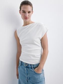 Mango Asymmetric Ruched T-Shirt, White, White