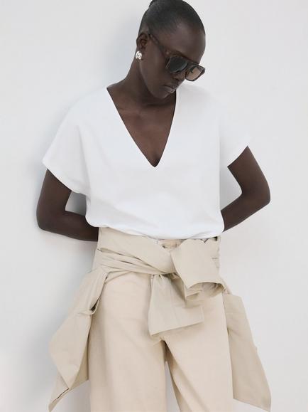 Mango V-Neck Relaxed T-Shirt, White, White