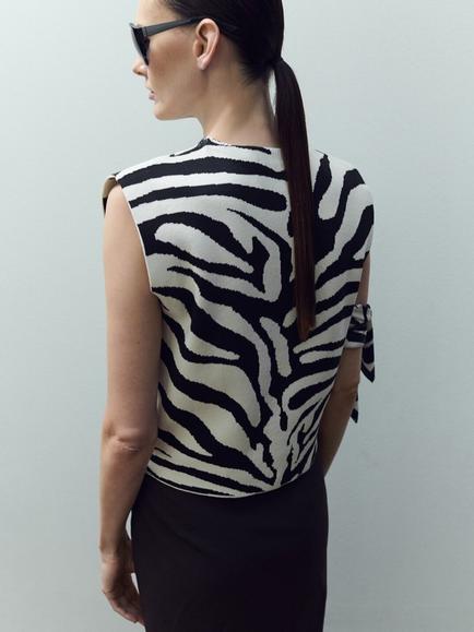 Mango Zebra Print Sleeveless Knit Top, Black - view 2, Black