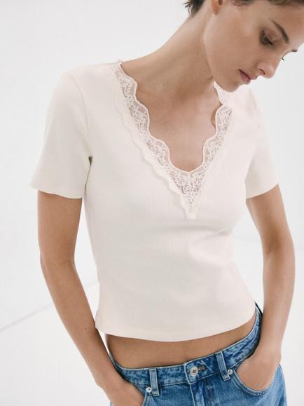 Mango Lace Trim V-Neck Ribbed Cropped Top, Raw