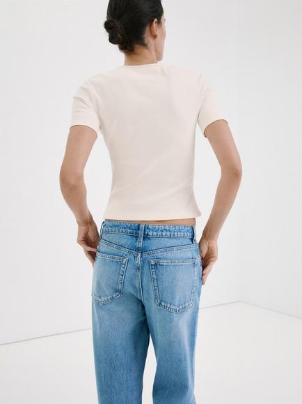 Mango Lace Trim V-Neck Ribbed Cropped Top - view 2, Raw