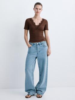 Mango Lace Trim V-Neck Ribbed Cropped Top, Brown