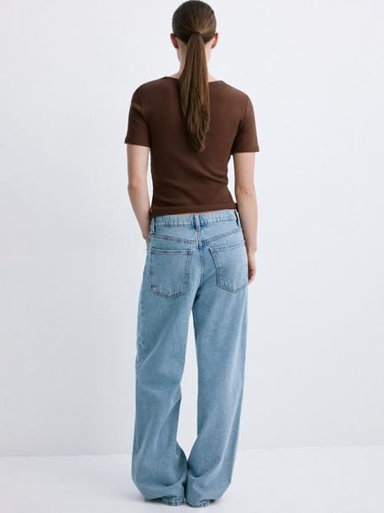 Mango Lace Trim V-Neck Ribbed Cropped Top - view 2, Brown