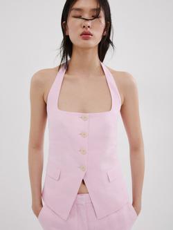 Mango Linen Square Neck Halter Button Front Top, Pink, Pink