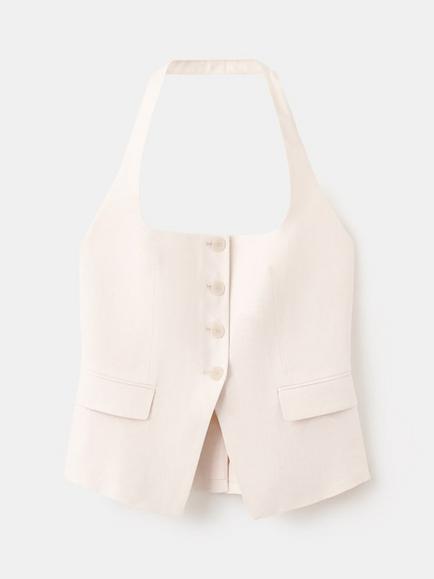 Mango Square Neck Button Front Pure Linen Top, Raw, Raw