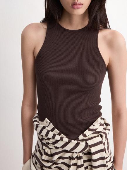 Mango High Neck Sleeveless Tank Top, Chocolate, Chocolate