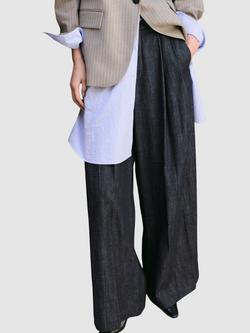 Mango Mid-Rise Wide Leg Pleated Denim Trousers, Blue, Blue