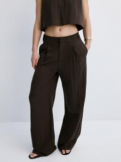 Mango Mid Rise Wide Leg Pleated Trousers, Chocolate, Chocolate