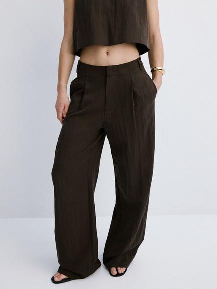 Mango Mid Rise Wide Leg Pleated Trousers, Chocolate, Chocolate