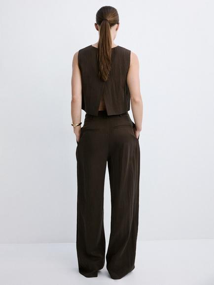 Mango Mid Rise Wide Leg Pleated Trousers, Chocolate - view 2, Chocolate