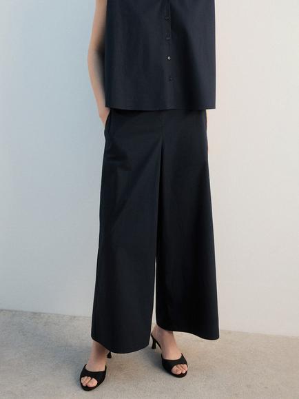 Mango Elasticated Wide Leg Trousers, Navy, Navy