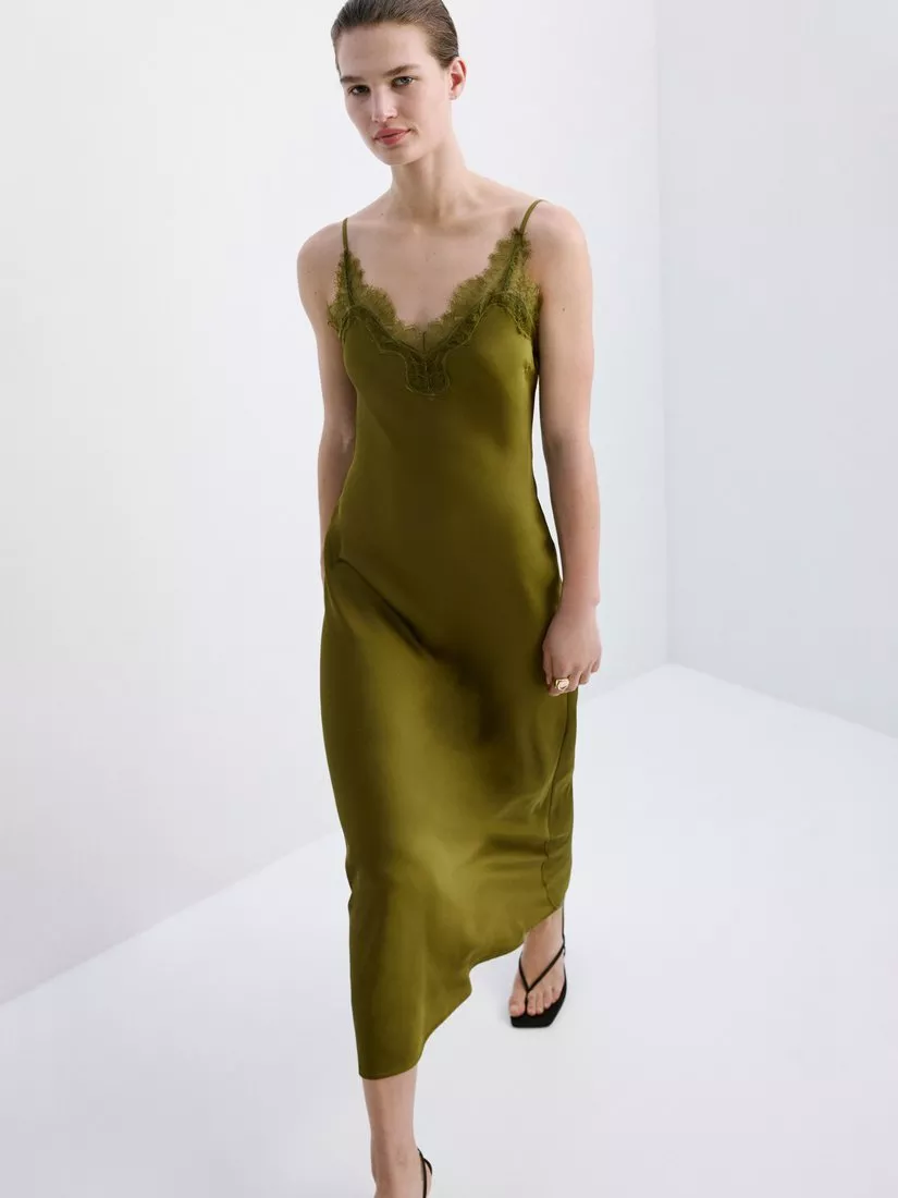mango green slip dress Ankle Length V-Neck Dress, Halter dress