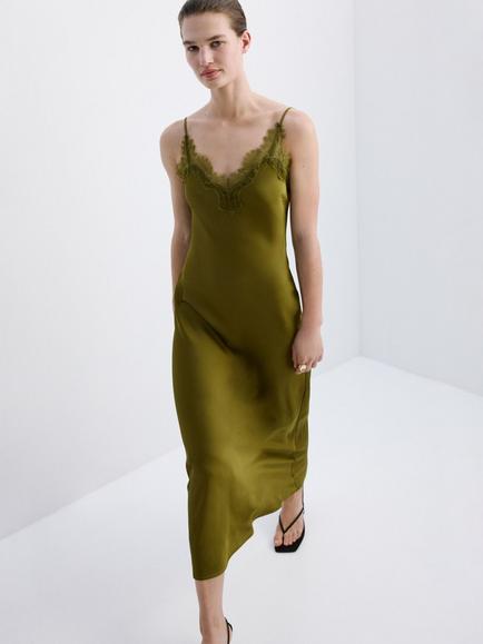 Mango Ankle Length V-Neck Slip Dress, Green, Green