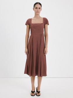 Mango Square Neck Polka Dot Midi Dress, Chocolate, Chocolate