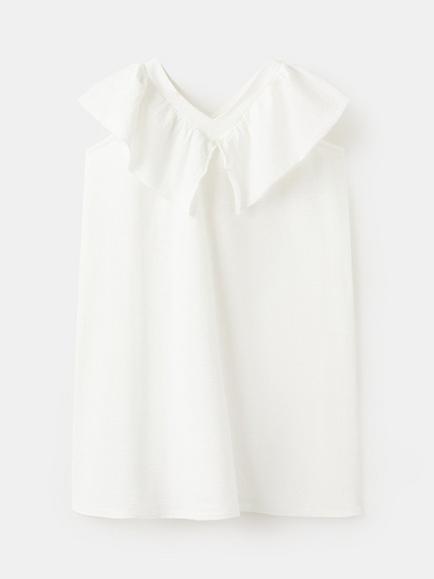 Mango Kids' Ruffled V-Neck Tunic Dress, Off White, Off White