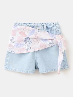 Mango Kids' Sash High Waisted Denim Mini Shorts, Light Denim