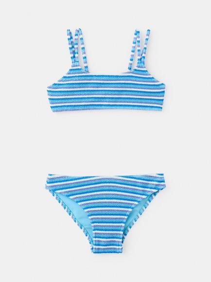 Mango Kids' Textured Striped Bikini Set, Blue, Blue