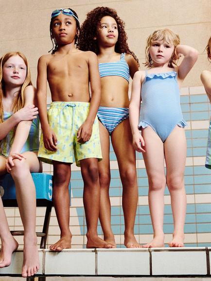Mango Kids' Textured Striped Bikini Set, Blue - view 2, Blue