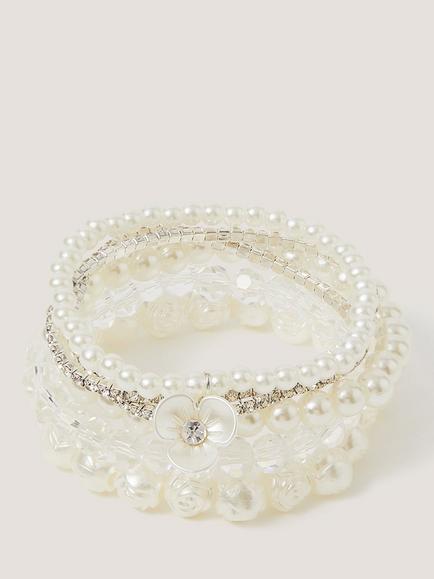 Monsoon Kids' Flower Pearl Beaded Bracelets, Pack of 6, Ivory, Ivory