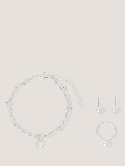 Monsoon Kids' Beaded Pearl Bracelet, Ring and Earrings Jewellery Set, Silver, Silver
