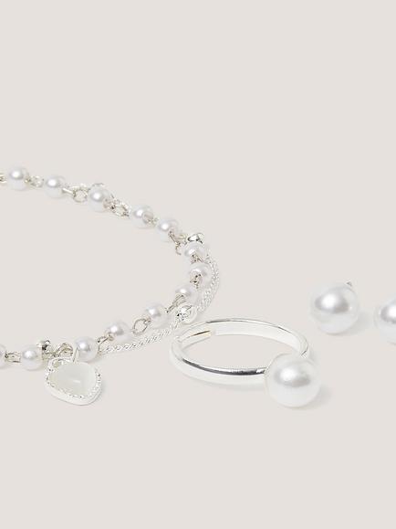 Monsoon Kids' Beaded Pearl Bracelet, Ring and Earrings Jewellery Set, Silver - view 2, Silver