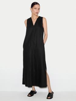 Jigsaw V Neck Sleeveless Linen Dress, Black, Black