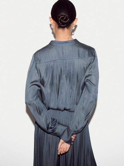 Jigsaw Satin Pleated Shirt, Blue - view 2, Blue
