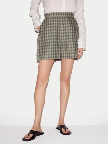 Jigsaw Checked Linen Shorts, Green/White