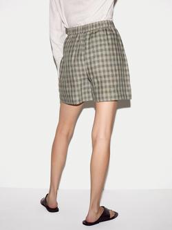 Jigsaw Checked Linen Shorts - view 2, Green/White