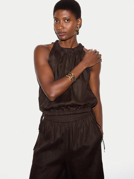 Jigsaw Scooped Linen Tank Top, Brown