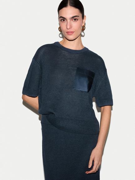 Jigsaw Linen and Silk Pocket T-Shirt, Blue