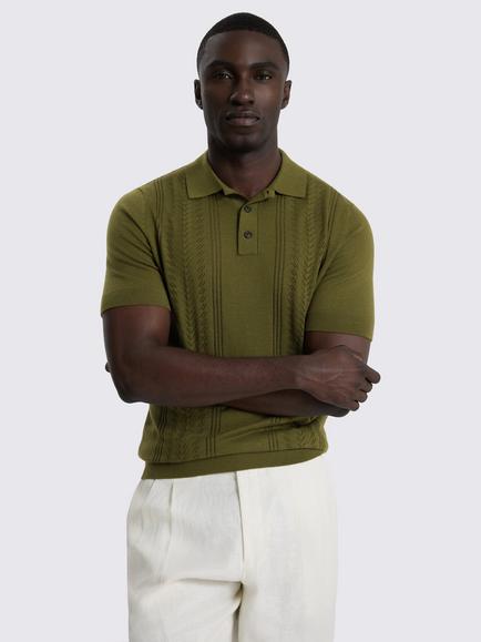 Moss Pointelle Textured Polo Shirt, Olive Green