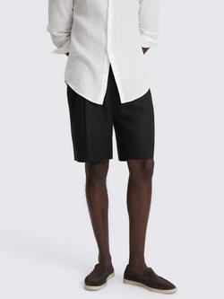 Moss Linen Blend Drawcord Waist Shorts, Black, Black