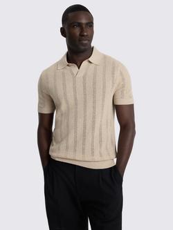 Moss Short Sleeve Striped Pointelle Knit Polo Shirt, Light Beige