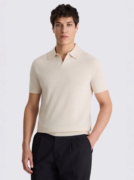 Moss Linen Blend Skipper Polo Shirt, Oatmeal