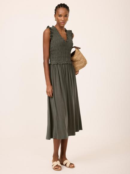 Mint Velvet Ruffle Jersey Midi Dress, Green - view 2, Green