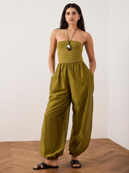 Mint Velvet Bandeau Neck Balloon Leg Jumpsuit, Green, Green