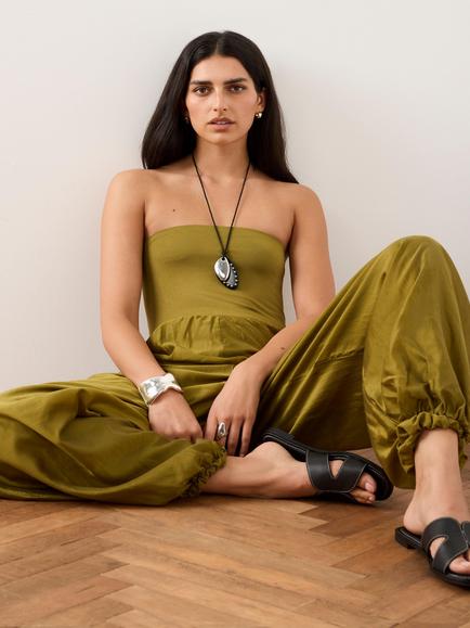 Mint Velvet Bandeau Neck Balloon Leg Jumpsuit, Green - view 2, Green