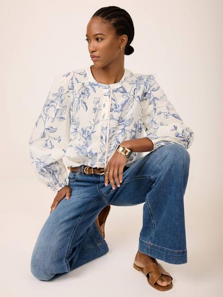 Mint Velvet Floral Print Blouse, Blue - view 2, Blue