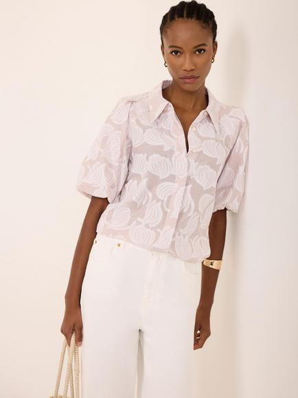 Mint Velvet Jacquard Puff Sleeve Top, Natural, Natural