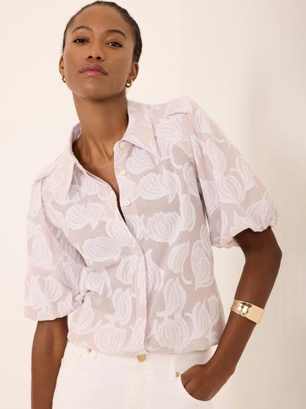 Mint Velvet Jacquard Puff Sleeve Top, Natural - view 2, Natural