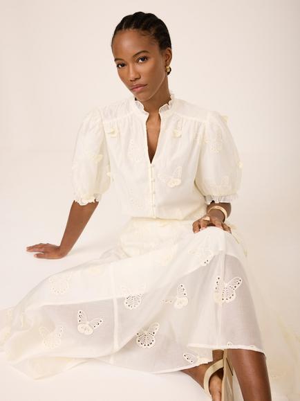 Mint Velvet Embroidered Butterfly Midi Skirt, White Ivory - view 2, White Ivory