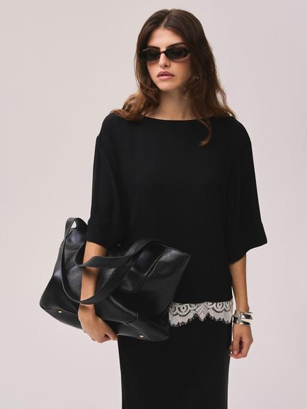 Mint Velvet Satin Lace Trim T-Shirt, Black, Black