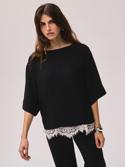 Mint Velvet Satin Lace Trim T-Shirt, Black - view 2, Black