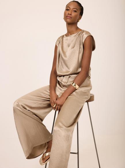 Mint Velvet Crinkle Metallic Satin Top, Gold - view 2, Gold