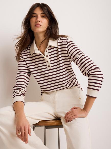 Mint Velvet Stripe Polo Shirt, Red Burgundy, Red Burgundy