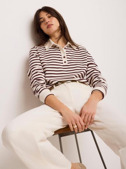 Mint Velvet Stripe Polo Shirt, Red Burgundy - view 2, Red Burgundy