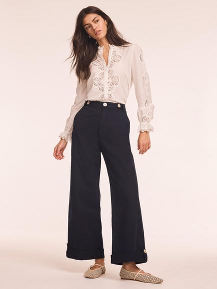 Mint Velvet Cotton Blend Wide Leg Chino Trousers, Navy, Navy