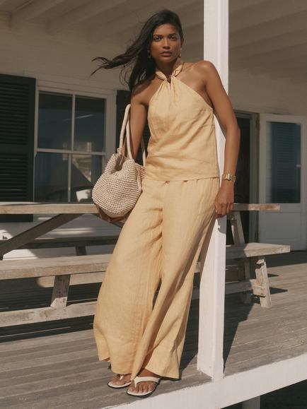 Mint Velvet Linen Wide Leg Trousers, Yellow, Yellow