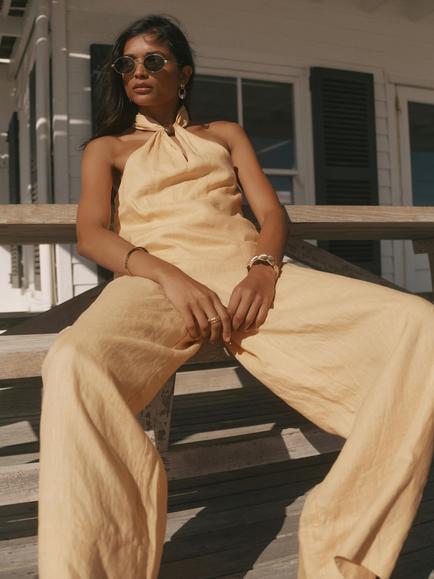 Mint Velvet Linen Wide Leg Trousers, Yellow - view 2, Yellow